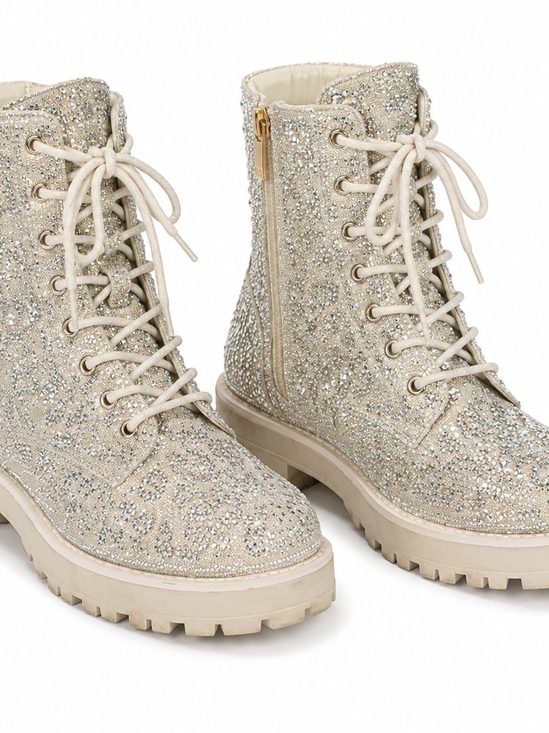 Gianni Bini Shoes - Gianni Bini Women's Cream Glitter Lace-Up Combat Boots